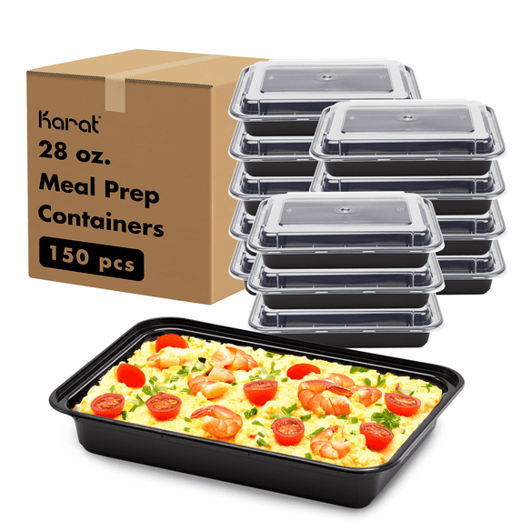 Karat 28 oz PP Plastic Microwavable Rectangular Food Containers & Lids, Black